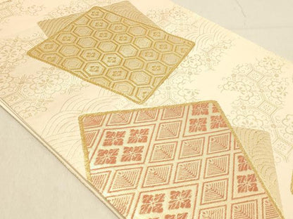 平和屋着物◎六通柄袋帯 吉祥色紙文 金糸 正絹 逸品 DABA2343ya