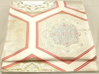 平和屋着物◎六通柄袋帯　唐織　亀甲花文　銀糸　正絹　逸品　DABA2352ya