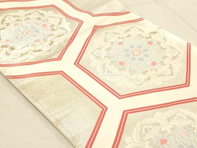 平和屋着物◎六通柄袋帯　唐織　亀甲花文　銀糸　正絹　逸品　DABA2352ya