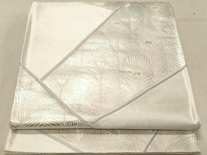 平和屋着物◎六通柄袋帯　唐織　孔雀羽根文　銀糸　正絹　逸品　DABA2395ya