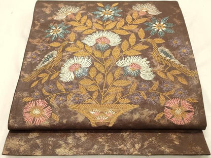 平和屋着物◎太鼓柄袋帯 休み鳥飾花文 金糸 正絹 逸品 DABA2397ya