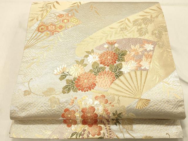 平和屋着物◎六通柄袋帯　扇面花文　金銀糸　正絹　逸品　DABA2403ya