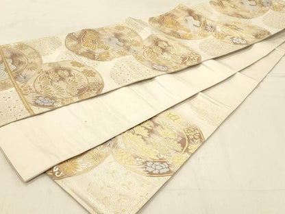 平和屋着物◎六通柄袋帯 花絵皿文 金銀糸 正絹 逸品 DABA2415ya