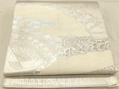平和屋着物◎六通柄袋帯　扇面花文　銀糸　正絹　逸品　DABA2427ya