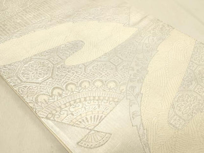 平和屋着物◎六通柄袋帯　扇面花文　銀糸　正絹　逸品　DABA2427ya