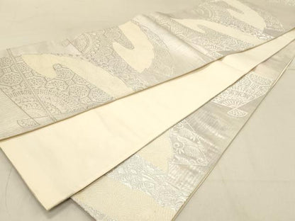 平和屋着物◎六通柄袋帯　扇面花文　銀糸　正絹　逸品　DABA2427ya