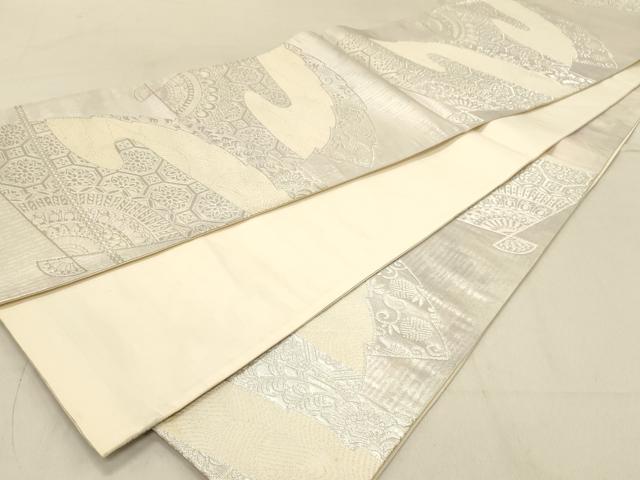平和屋着物◎六通柄袋帯　扇面花文　銀糸　正絹　逸品　DABA2427ya