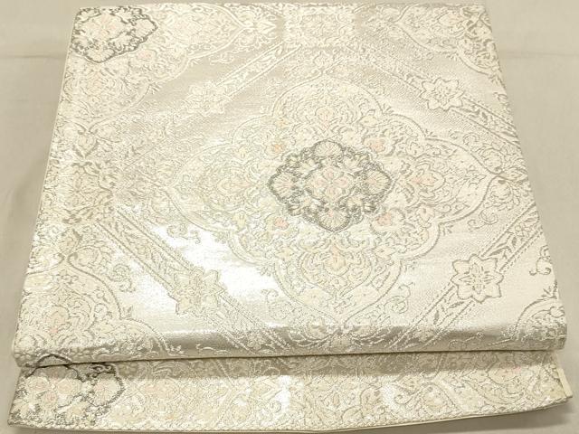 平和屋着物◎六通柄袋帯　天井花文　銀糸　正絹　逸品　DABA2458ya