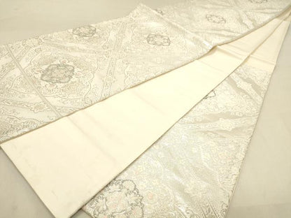 平和屋着物◎六通柄袋帯　天井花文　銀糸　正絹　逸品　DABA2458ya