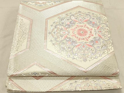 平和屋着物◎六通柄袋帯　唐織　亀甲花文　銀糸　正絹　逸品　DABA2459ya