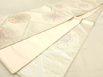 平和屋着物◎六通柄袋帯　唐織　正倉院花文　銀糸　正絹　逸品　DABA2463ya
