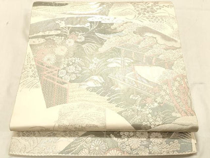 平和屋着物◎六通柄袋帯　扇面御所解紋　プラチナ箔　手織二重箔　正絹　逸品　DABA2464ya