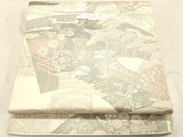 平和屋着物◎六通柄袋帯　扇面御所解紋　プラチナ箔　手織二重箔　正絹　逸品　DABA2464ya