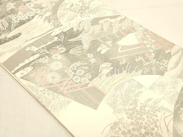 平和屋着物◎六通柄袋帯　扇面御所解紋　プラチナ箔　手織二重箔　正絹　逸品　DABA2464ya