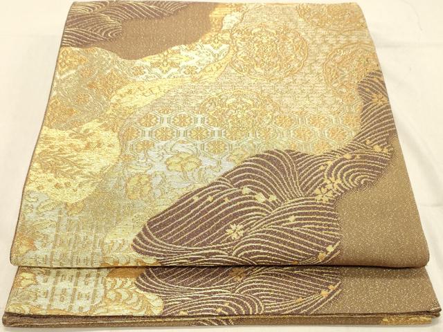 平和屋着物◎六通柄袋帯　道長花文　金糸　正絹　逸品　DABA2472ya