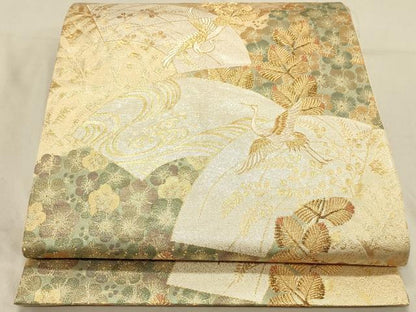 平和屋着物◎六通柄袋帯　松鶴扇面文　金銀糸　正絹　逸品　DABA2474ya