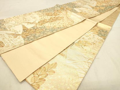 平和屋着物◎六通柄袋帯　松鶴扇面文　金銀糸　正絹　逸品　DABA2474ya