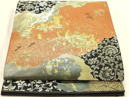 平和屋着物◎六通柄袋帯　道長花文　はく錦　金糸　引箔　正絹　逸品　DABA2481ya