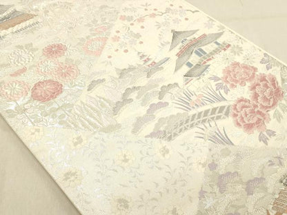 平和屋着物◎六通柄袋帯　風景花文　銀糸　正絹　逸品　DABA2482ya