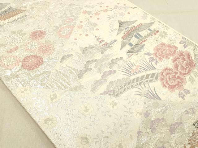 平和屋着物◎六通柄袋帯　風景花文　銀糸　正絹　逸品　DABA2482ya