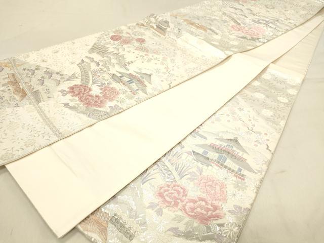 平和屋着物◎六通柄袋帯　風景花文　銀糸　正絹　逸品　DABA2482ya