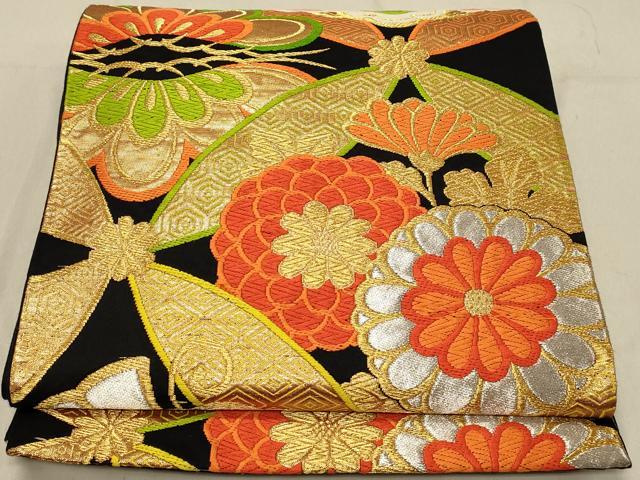 平和屋着物◎六通柄袋帯 唐織 花蝶文 黒地 金銀糸 正絹 逸品 DABA2492ya