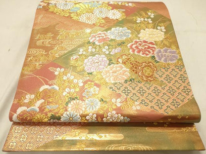 平和屋着物◎六通柄袋帯　唐織　花鼓　金糸　正絹　逸品　DABA2502ya