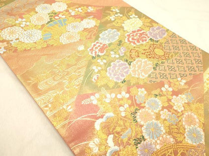 平和屋着物◎六通柄袋帯　唐織　花鼓　金糸　正絹　逸品　DABA2502ya
