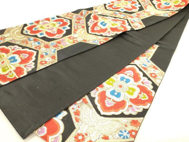 平和屋着物◎六通柄袋帯　唐織　鳳凰亀甲花蝶文　黒地　金糸　正絹　逸品　DABA2519ya