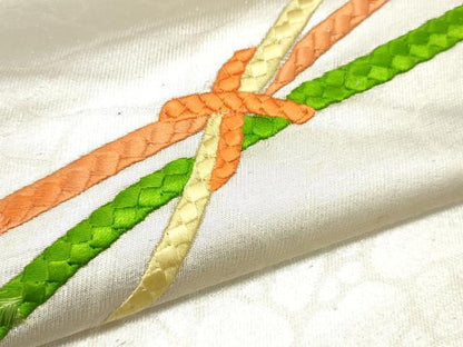平和屋着物▼名古屋帯 帯反物 総刺繍 組紐文 銀糸 逸品 未使用 DABA2522zy