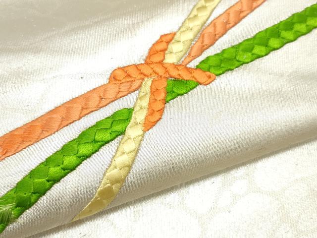 平和屋着物▼名古屋帯 帯反物 総刺繍 組紐文 銀糸 逸品 未使用 DABA2522zy