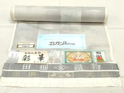 平和屋着物●本場大島紬　反物　着尺　白大島　9マルキ　格子　田畑織物謹製　証紙付き　逸品　未使用　DABA2950zy