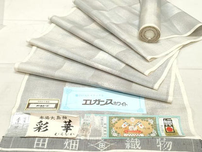 平和屋着物●本場大島紬　反物　着尺　白大島　9マルキ　格子　田畑織物謹製　証紙付き　逸品　未使用　DABA2950zy