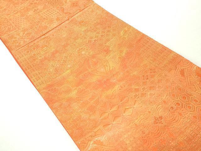 平和屋着物◎六通柄袋帯　幾何学花文　更紗　金糸　正絹　逸品　DABA3003qa