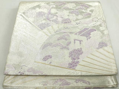 平和屋着物◎900織佐賀錦　六通柄袋帯　扇面孔雀枝松花文　金銀糸　正絹　逸品　DABA3033qa