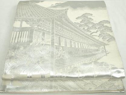平和屋着物◎六通柄袋帯　重ね山風景文　銀糸　正絹　逸品　DABA3037qa