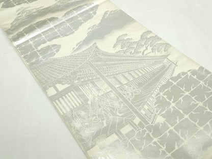 平和屋着物◎六通柄袋帯　重ね山風景文　銀糸　正絹　逸品　DABA3037qa