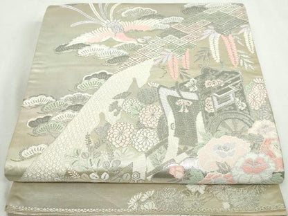 平和屋着物◎六通柄袋帯　唐織　鳳凰御所車花松文　銀糸　正絹　逸品　DABA3044qa