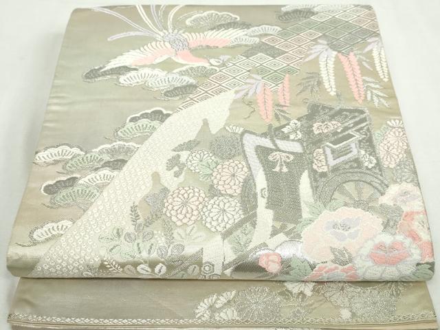 平和屋着物◎六通柄袋帯　唐織　鳳凰御所車花松文　銀糸　正絹　逸品　DABA3044qa