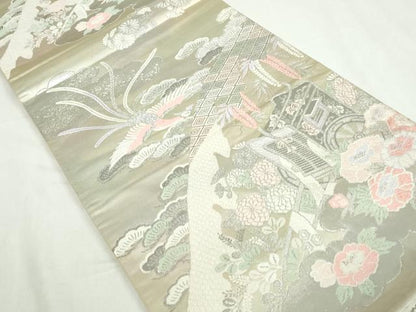 平和屋着物◎六通柄袋帯　唐織　鳳凰御所車花松文　銀糸　正絹　逸品　DABA3044qa