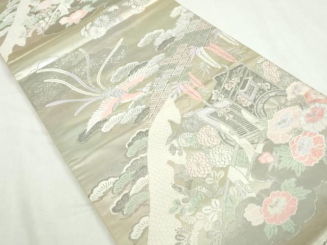 平和屋着物◎六通柄袋帯　唐織　鳳凰御所車花松文　銀糸　正絹　逸品　DABA3044qa