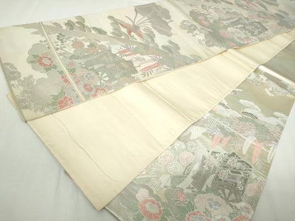 平和屋着物◎六通柄袋帯　唐織　鳳凰御所車花松文　銀糸　正絹　逸品　DABA3044qa