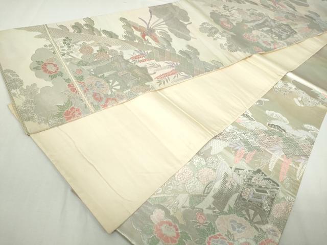 平和屋着物◎六通柄袋帯　唐織　鳳凰御所車花松文　銀糸　正絹　逸品　DABA3044qa