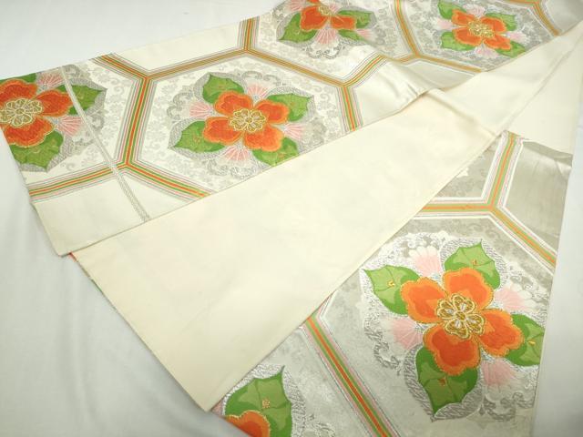 銀糸　正絹　袋帯　唐織　亀甲小花華紋　六通　振袖，留袖など 銀糸 正絹 袋帯 唐織 亀甲小花華紋 六通 振袖，留袖など