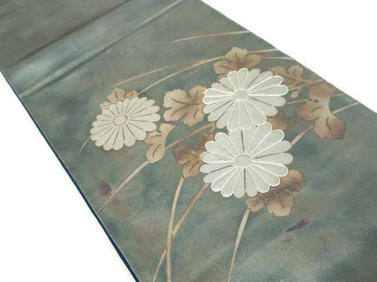 平和屋着物◎太鼓柄袋帯　駒刺繍　草花文　引箔　正絹　逸品　DABA3051qa