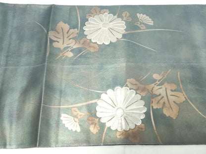 平和屋着物◎太鼓柄袋帯　駒刺繍　草花文　引箔　正絹　逸品　DABA3051qa
