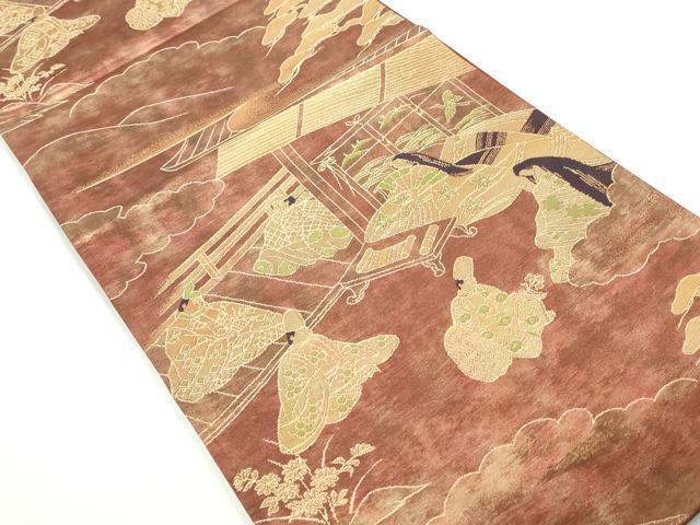 平和屋着物◎六通柄袋帯　風景人物文　金糸　正絹　逸品　DABA3056qa