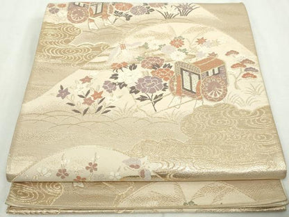 平和屋着物◎六通柄袋帯　唐織　飛鶴御所車花文　金糸　正絹　逸品　DABA3058qa