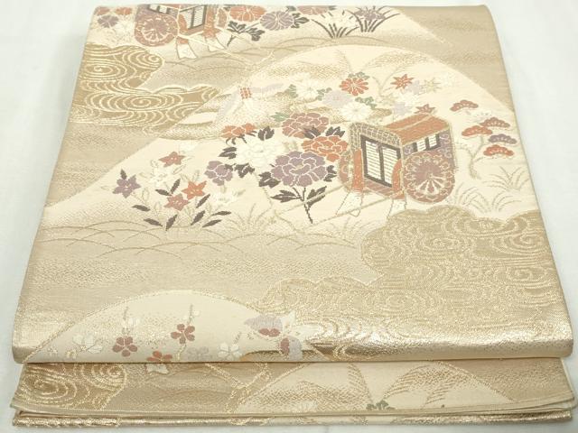 平和屋着物◎六通柄袋帯　唐織　飛鶴御所車花文　金糸　正絹　逸品　DABA3058qa