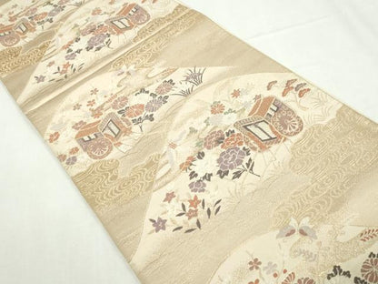 平和屋着物◎六通柄袋帯　唐織　飛鶴御所車花文　金糸　正絹　逸品　DABA3058qa